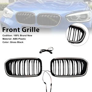 Double Line Front Kidney Grill Grille Fit BMW 1 Series F20 F21 2015-2017 Black With LED